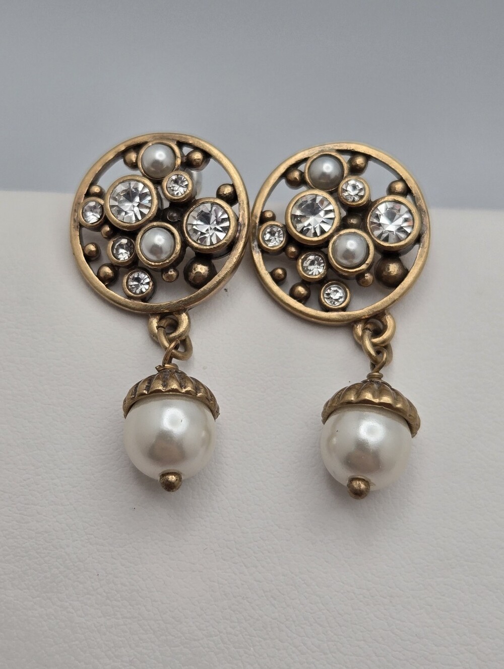 Crystal Dangle Earrings Victorian Revival Vintage Style Gold Tone Faux Pearl